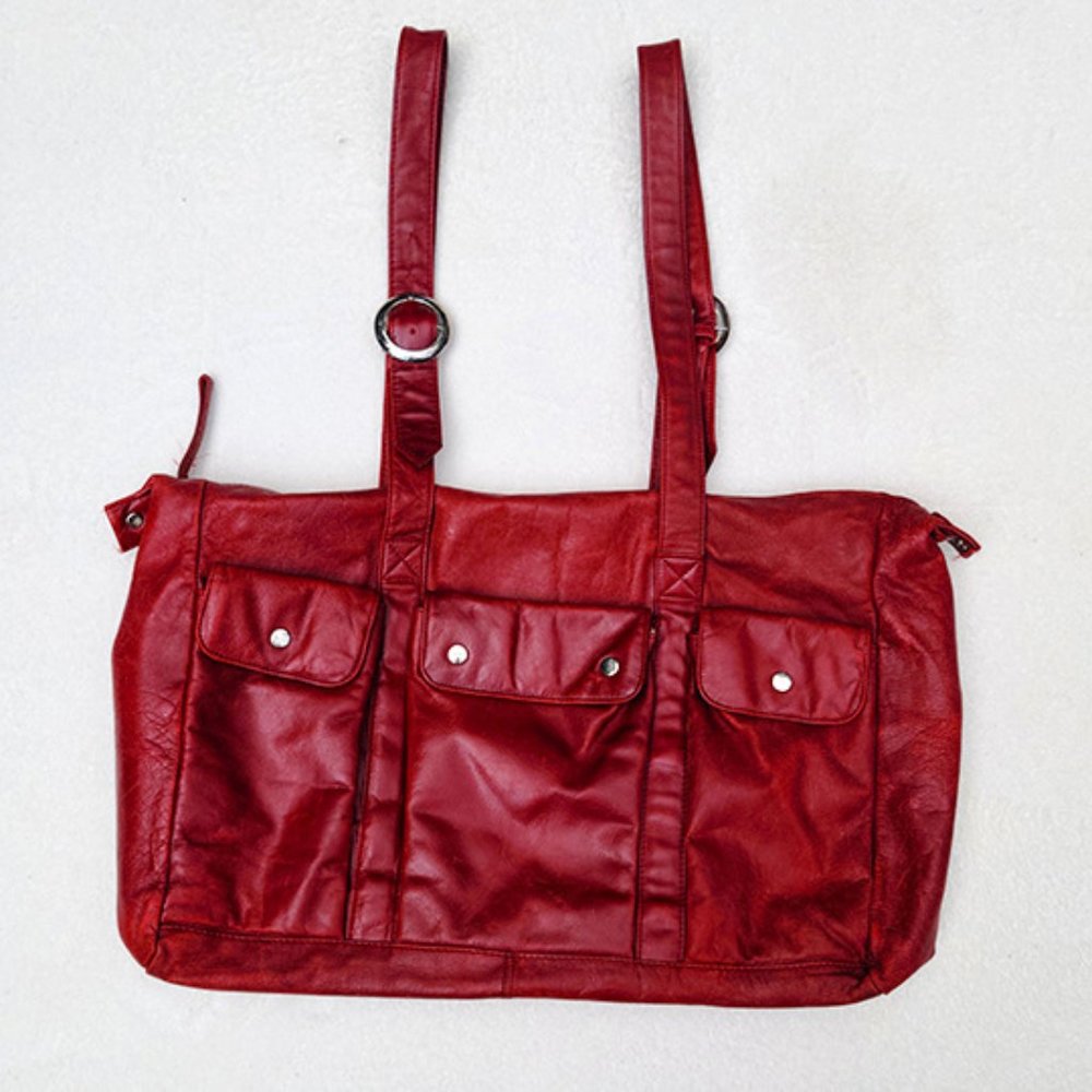 Latico NJ-USA Red Leather Multi-Pocket Tote 18" x 12"